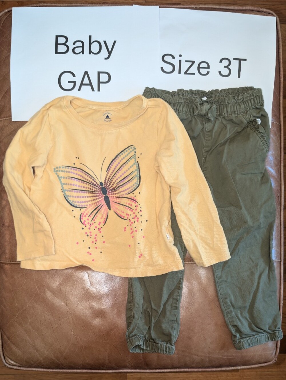 Baby Gap Butterfly Print Top And Olive Green Pants With Pockets In Fall Colors